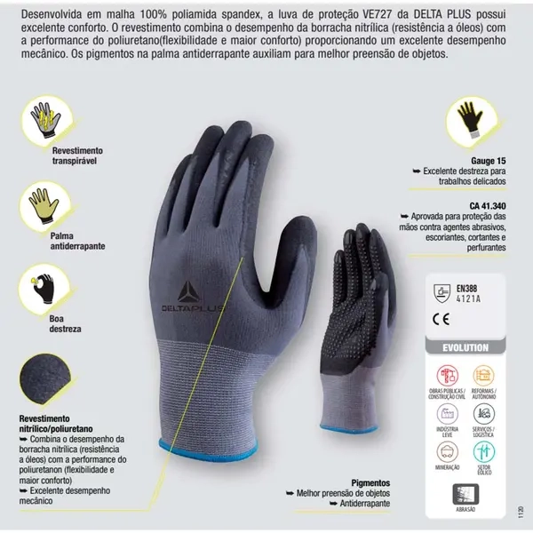 Luva de Segurança Delta Plus VE727 Em Poliamida Spandex e Banho Nitrílico Palma Pigmentada CA 41340