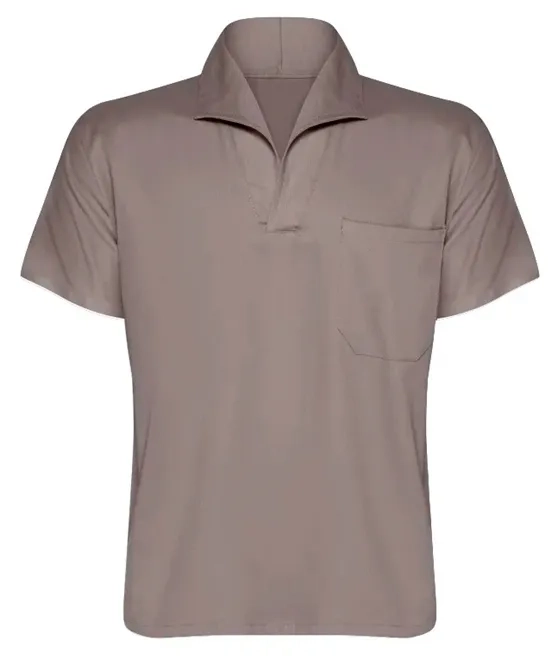 Camisa Profissional em Brim Manga Curta Com Gola Italiana Cor Cinza