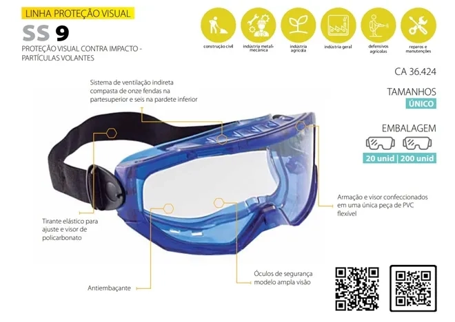 Óculos de Proteção Ampla Visão Super Safety SS 9 Incolor com Anti-Embaçante CA 36424