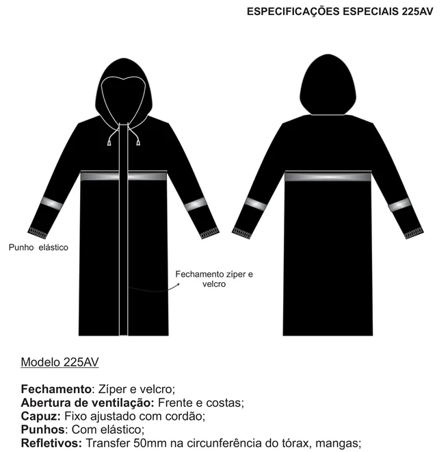 Capa de Chuva Pantaneiro Linha Premium Nylon Preta com Refletivo, Capuz e Ventilada CA 43333