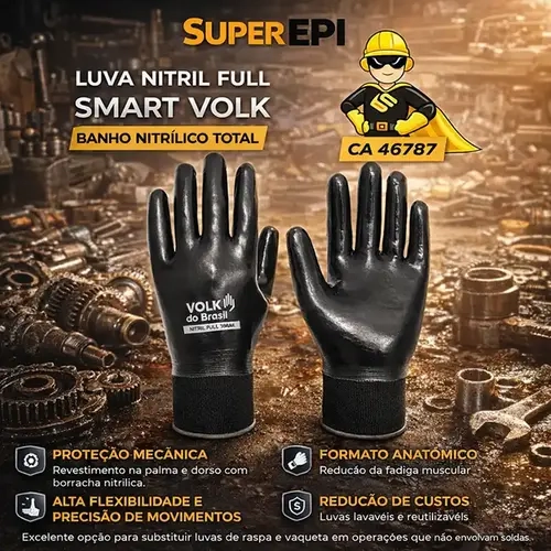 Luva Nitril Full Smart Volk Com Banho Nitrílico Total Palma e Dorso Preta CA 46787
