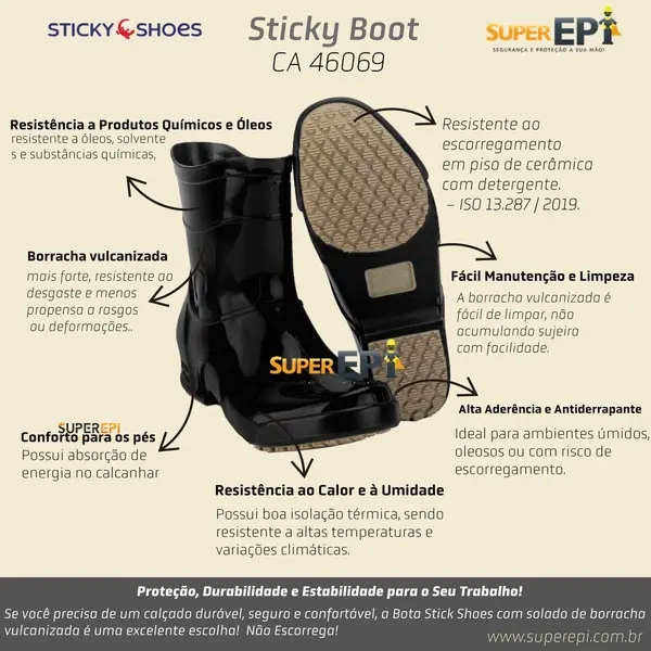 Bota Ocupacional Boot Stick Shoes Solado em Borracha vulcanizada Antiderrapante Preta CA 46069