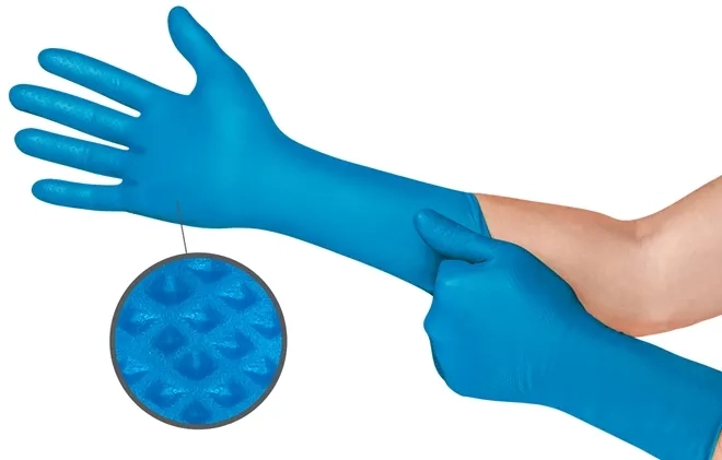 Luva Nitrílica Punho longo Ambidestra Ansell MICROFLEX® 93-283 Azul Mega Textura Maior Espessura e Resistência Reutilizável Caixa 50 Unidades CA 45460