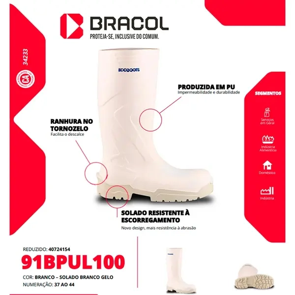 Bota de Segurança em PU Ecoboots 91BPUL100 Polytech Branca e Gelo Com Bico Composite CA 34233
