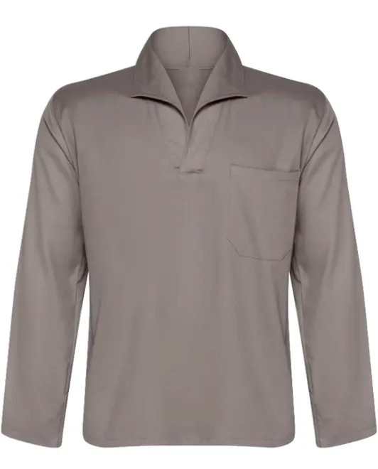 Camisa Profissional em Brim Manga Longa Com Gola Italiana Cor Cinza