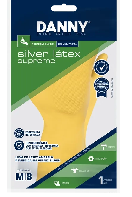 Luva de Segurança Silver Latex  Supreme Danny DA-350 Anti-Alérgica  com Verniz Silver Antibacteriana CA 14754