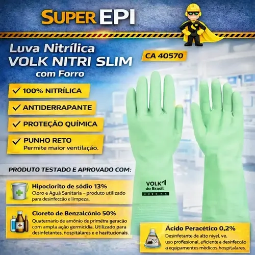 Luva de Segurança Nitrílica Verde Volk Nitri Slim com Forro e Proteção Química CA 40570