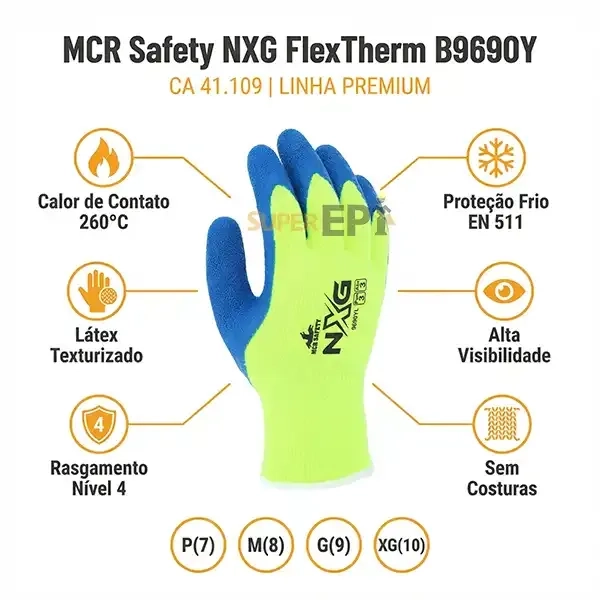 Luva de Segurança Palma em Banho Latex MCR Safety NXG® Resistente a Corte, Abrasão, Alta  Temperatura até 260ºC e Baixa  -25ºC CA 41109