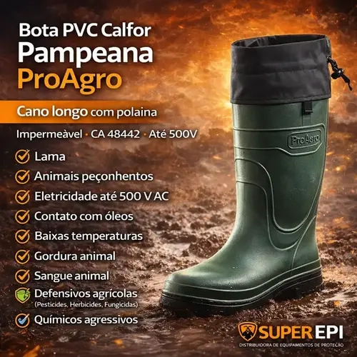 Bota de Pvc ProAgro Calfor Pampeana Cano Extra Longo Com Polaina Verde e Preta CA 48442