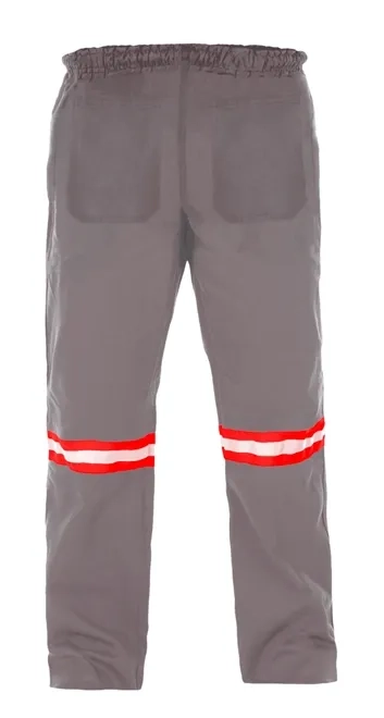 Calça Operacional em Brim Cinza Proteção Solar UV50+ Commanders com Faixas Refletivas Laranja e Prata, Cintura Elástica e Bolso