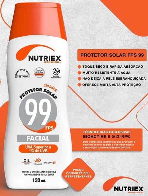 Protetor Solar Facial Nutriex FPS 99 Ultra Proteção Resistente a Água Embalagem Com 120ml