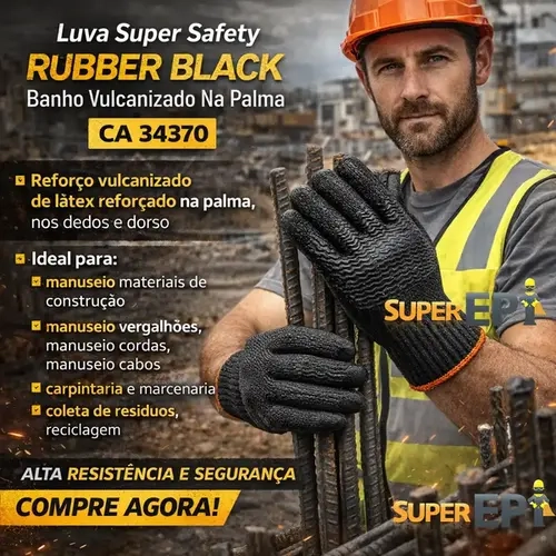 Luva de Segurança Rubber Black Super Safety com Revestimento em Látex Vulcanizado Tipo Corrugado na Palma Resistente à Corte CA 49510