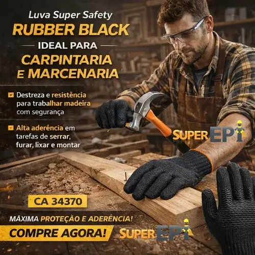 Luva de Segurança Rubber Black Super Safety com Revestimento em Látex Vulcanizado Tipo Corrugado na Palma Resistente à Corte CA 49510