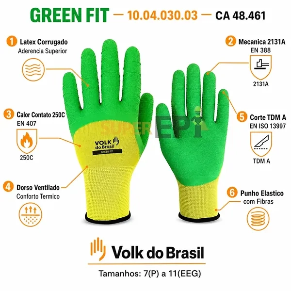 Luva Green Fit Volk Látex Corrugado Proteção Mecânica e Térmica 250°C 10.04.030.03 CA 48461