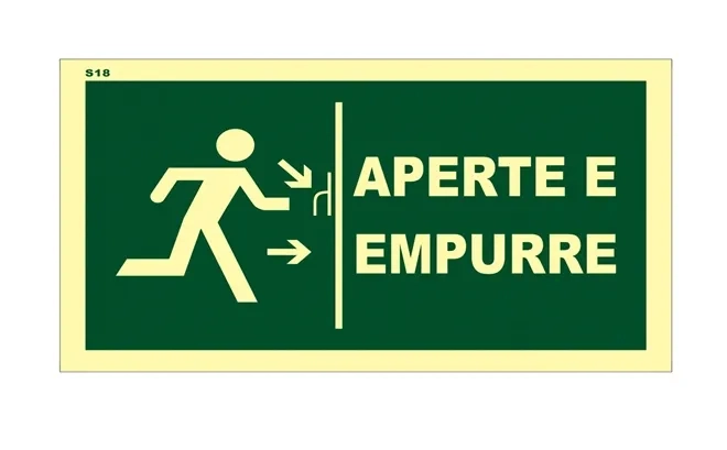 Placa de Sinalização Aperte e Empurre Saída de Emergência  Fotoluminescente 13x26 CM Certificada norma ABNT 16820 - S18