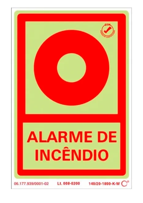 Placa de Sinalização Alarme de Incêndio Fotoluminescente 10x15 CM Certificada norma ABNT 16820 - E2