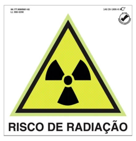 Placa de Sinalização Risco de Radiação Fotoluminescente 20x20 CM Certificada norma ABNT 16820 - RD
