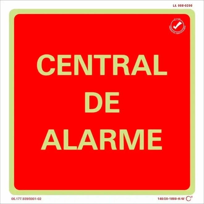 Placa de Sinalização Central de Alarme Fotoluminescente 20x20 CM Certificada norma ABNT 16820 - CA