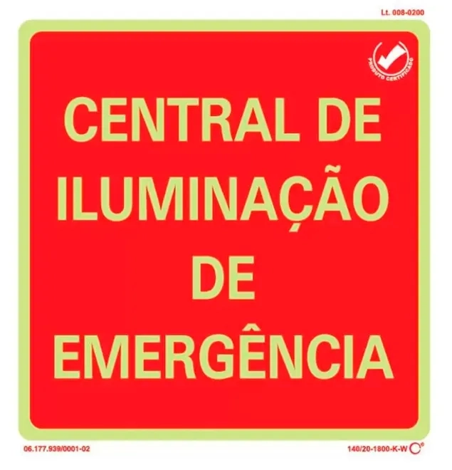 Placa de Sinalização Central de Iluminação de Emergência Fotoluminescente 20x20 CM Certificada norma ABNT 16820 - CIE