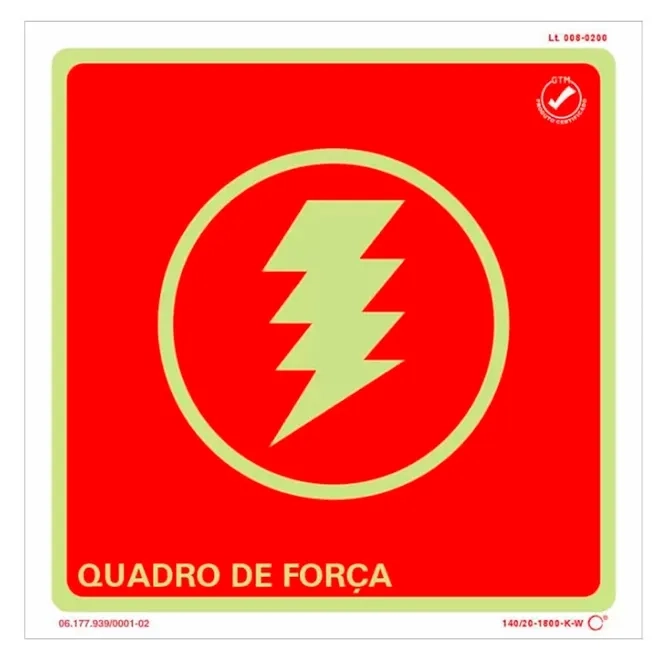 Placa de Sinalização Quadro de Força Fotoluminescente 20x20 CM Certificada norma ABNT 16820 - QF