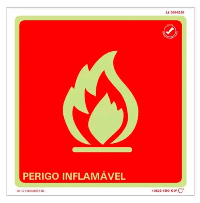 Placa de Sinalização Perigo Inflamável Fotoluminescente 20x20 CM Certificada norma ABNT 16820 - PI