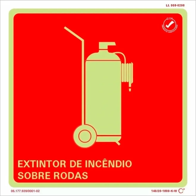 Placa de Sinalização Extintor de Incêndio Sobre Rodas Fotoluminescente 20x20 CM Certificada norma ABNT 16820 - E11