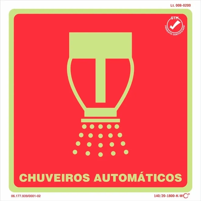 Placa de Sinalização Chuveiros Automáticos Fotoluminescente 20x20 CM Certificada norma ABNT 16820 - E10