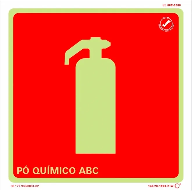 Placa de Sinalização Extintor Pó Químico ABC Fotoluminescente 20x20 CM Certificada norma ABNT 16820 - E5ABC
