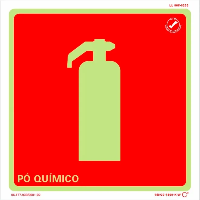 Placa de Sinalização Extintor Pó Químico Fotoluminescente 20x20 CM Certificada norma ABNT 16820 - E5PQS