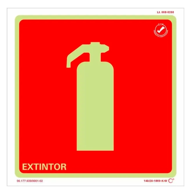 Placa de Sinalização Extintor Fotoluminescente 20x20 CM Certificada norma ABNT 16820 - E5