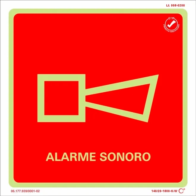 Placa de Sinalização Alarme Sonoro Fotoluminescente 20x20 CM Certificada norma ABNT 16820 - E1
