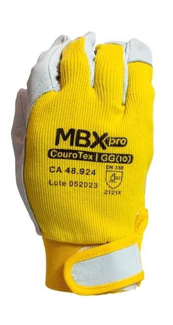 Luva de Vaqueta CouroTex MBXPRO  Com Dorso Ventilado Resistente e Punho Fechamento em Velcro CA 48924