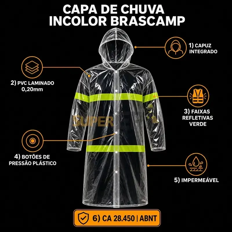 Capa de Chuva Brascamp PVC Laminado Incolor com Capuz Refletivo Verde Frente e Costas Impermeável CA 28450