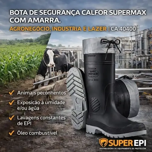 Bota de Pvc e Nitrilo Calfor Supermax Cano Longo Com Polaina Sem Forro Preta e Cinza CLP502 SF A CA 40400