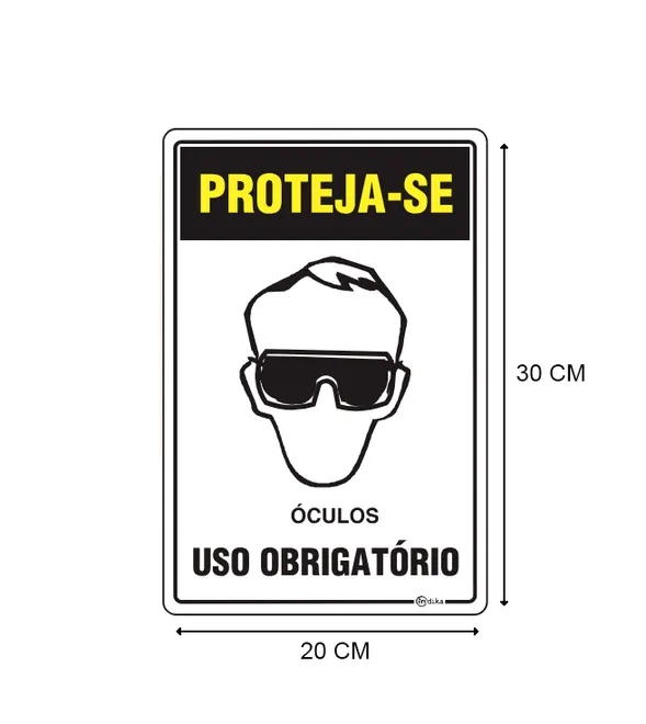 Placa de Sinalização Adesiva em Poliestireno Uso obrigatório de Óculos 20X30 CM