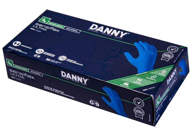 Luva Nitrílica Sensiflex Ultra Danny Sem Talco Azul Escuro Cano Longo Caixa Com 50 Unidades DA-90510 CA 49218