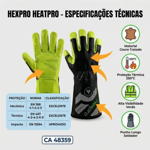 Luva Hexpro HeatPro Para Alta Temperatura Em Couro Especial Proteção Para Todos Tipos de Solda CA 48359