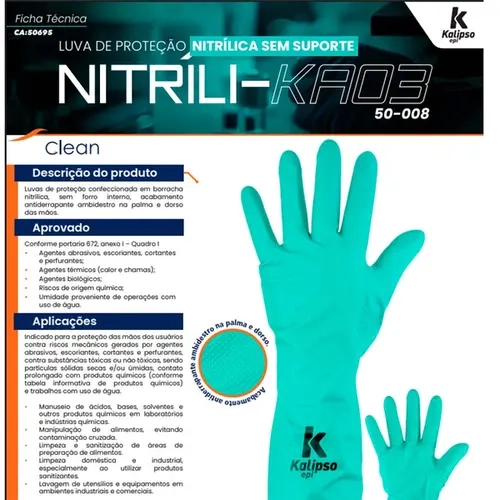 Luva De Proteção Nitrílica Kalipso KA-03 Cor verde Sem Forro Interno Modelo 50-008 CA 50695