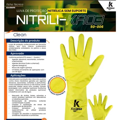 Luva De Proteção Nitrílica Kalipso KA-03 Cor Amarela Sem Forro Interno Modelo 50-008 CA 50695