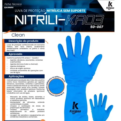 Luva De Proteção Nitrílica Kalipso KA-03 Cor Azul Sem Forro Interno Modelo 50-008 CA 50695