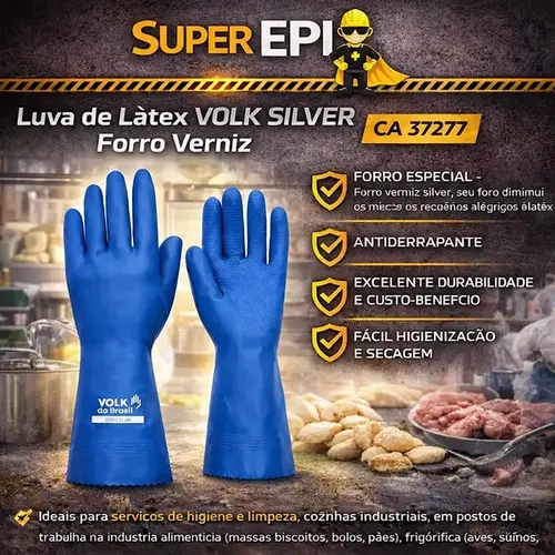 Luva de Látex Volk Verniz Silver Slim Azul Antiderrapante 10.51.038.02 Ca 37277