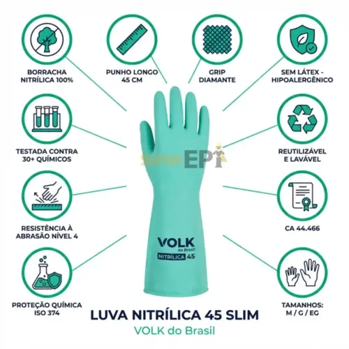 Luva Nitrílica Volk Punho Longo 45 Cm Verde Sem Forro Modelo 10.62.067.03 Maior Espessura Ca 44466