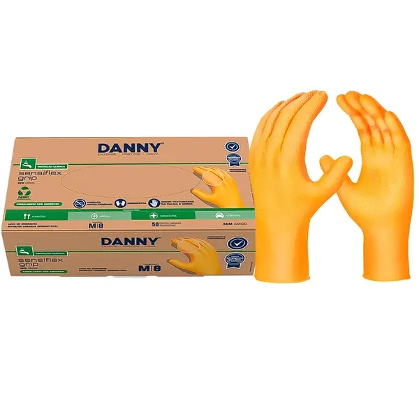 Luva Nitrílica Sensiflex Grip Danny DA-90.600 Textura Antiderrapante Ambidestra Com 50 Unidades Cor laranja CA  50744