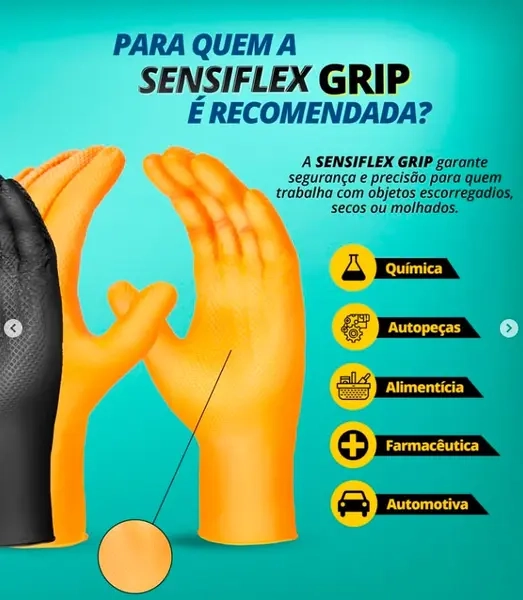 Luva Nitrílica Sensiflex Grip Danny DA-90.600 Textura Antiderrapante Ambidestra Com 50 Unidades Cor laranja CA  50744