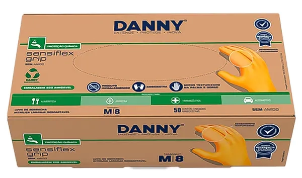 Luva Nitrílica Sensiflex Grip Danny DA-90.600 Textura Antiderrapante Ambidestra Com 50 Unidades Cor laranja CA  50744