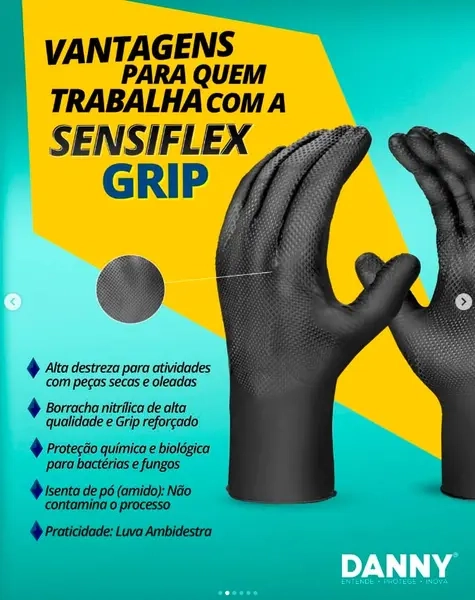Luva Nitrílica Sensiflex Grip Danny Preta DA-90.600 PT Texturizada Palma e Dorso Com 50 Unidades CA  50743