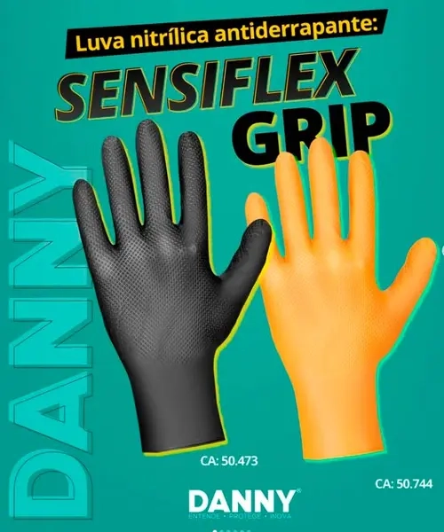 Luva Nitrílica Sensiflex Grip Danny Preta DA-90.600 PT Texturizada Palma e Dorso Com 50 Unidades CA  50743
