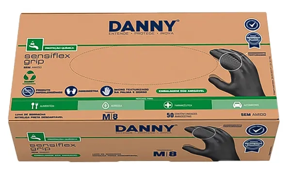 Luva Nitrílica Sensiflex Grip Danny Preta DA-90.600 PT Texturizada Palma e Dorso Com 50 Unidades CA  50743