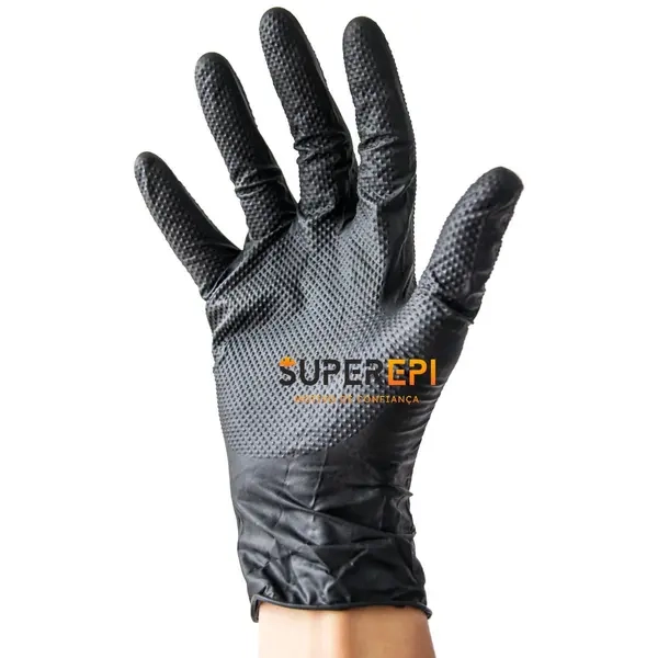 Luva Nitrílica Sensiflex Grip Danny Preta DA-90.600 PT Texturizada Palma e Dorso Com 50 Unidades CA  50743
