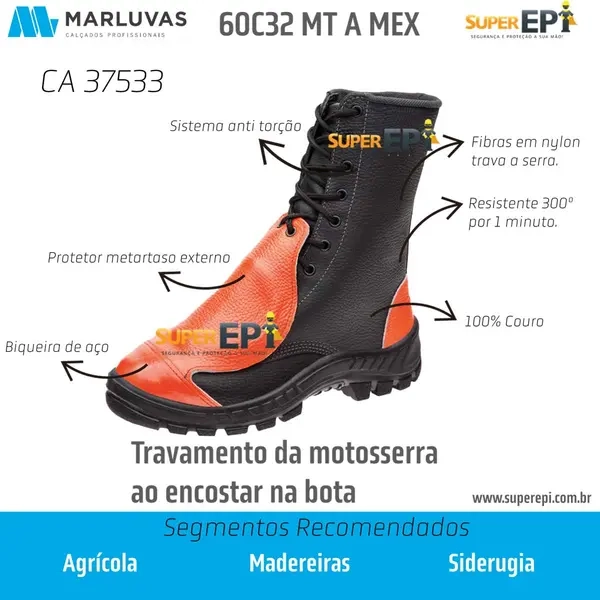 Coturno Motosserrista Marluvas 60C32 MT A MEX  Bico de Aço, Com fibras de nylon Para Travamento da Serra Ca 37533